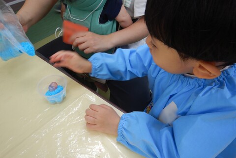 バスボム作りではクエン酸と重曹を混ぜ、好きな色で着色して水を加えてもみ、プリンカップに海の生き物のおもちゃを入れました！